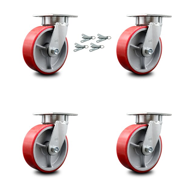 6 Inch Kingpinless Red Poly on Steel Wheel Swivel Caster Set with Swivel Lock
